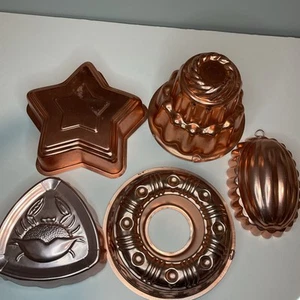 Jello Molds. Copper. Set Of 5. Not Matching. Crab, Mellon, Star, Ring, Tower - Picture 1 of 18