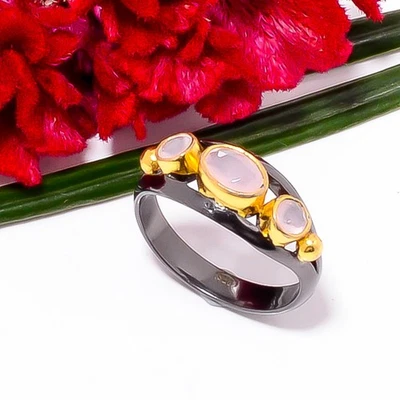 Anillo de plata de ley 925 enchapado en oro y cuarzo rosa rosa s.9 Sku22 Foto 1 de 4