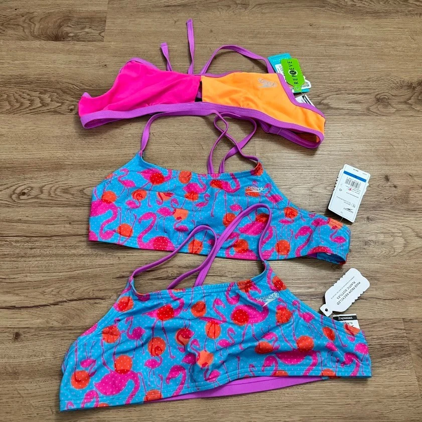 Speedo Bikini Top Women's Large Blue Flamingo Dot Fixed Back Performance M