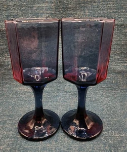 Two Vintage Libbey Facets 8 Sided Blue Footed Goblet Glasses SO22 - Picture 1 of 6