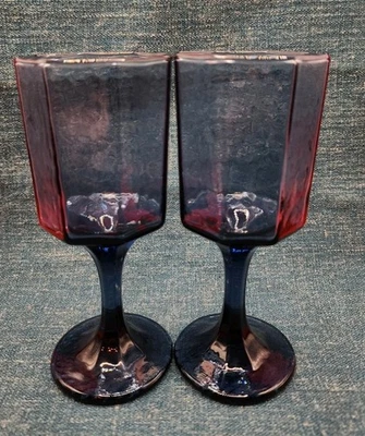 Two Vintage Libbey Facets 8 Sided Blue Footed Goblet Glasses SO22 - Image 1 of 4