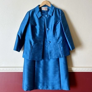 Abito vestito donna vintage anni 60 giacca blu seta mod Jackie O Mad uomo taglia 12 - Foto 1 di 14