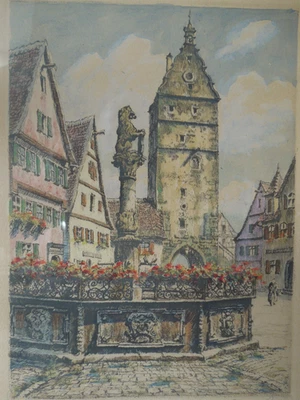 Orig. Radierung Paul Sollmann - Dinkelsbühl Löwenbrunnen u. Wörnitztor - Bild 1 von 4