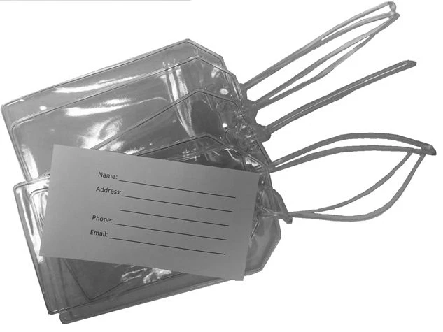 EASY READ REGISTER 10 Clear Vinyl Luggage Tags with 10 Loops and 10 Name Cards 4 1/4" x 2 3/4