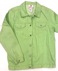 Quacker Factory Lime Green Denim Jacket Rhinestones Sparkly 100% Cotton Western - Picture 1 of 8