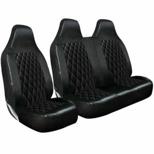 For Renault Trafic 2016 - Black Leather Quilted Dimond Van Front Seat Covers 2+1 - Picture 1 of 1