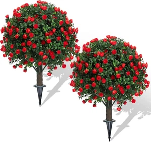 Set of 2 Artificial Boxwood Topiary Ball Trees with Red Flowers for Outdoor with - Picture 1 of 7