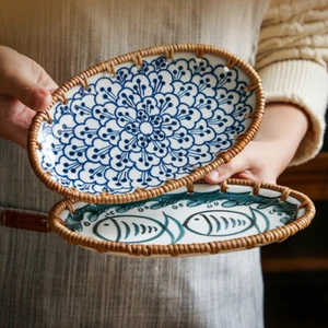 Rattan Fruit Plate Japanese Ceramic Tray Plate Snack Storage Cake Candy Basket - Picture 1 of 19