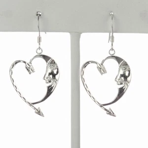 925 Solid Sterling Silver Sweet Moon, Arrow Heart Earrings, Diamond Cut - Picture 1 of 4