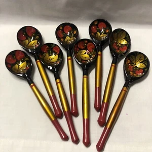 8 Authentic Wooden Small spoons for Sugar, Salt, Spices Coffee Russian Khokhloma - Picture 1 of 4