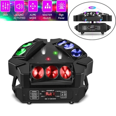 4 PIEZAS 9LED Luz de Escenario con Láser Rayo RGB Araña Pájaro Cabeza Móvil DMX512 Fiesta Navidad Foto 1 de 4