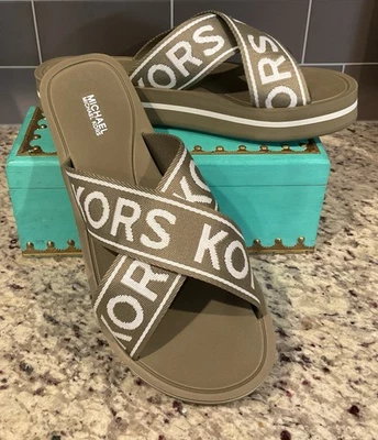 Sandalias de plataforma MICHAEL KORS para mujer talla 10 oliva/blanco Suzi Slide NUEVAS Foto 1 de 4