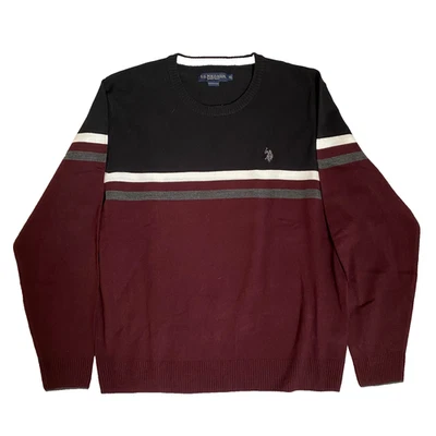 Suéter U.S. Polo Assn Cuello en V Talla XL Negro Borgoña Rayas Poni Bordado Foto 1 de 4