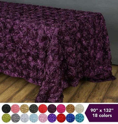 90x132" SATIN Ribbon Rosette Rectangle TABLECLOTH Designer Wedding Party Linens - Image 1 of 3