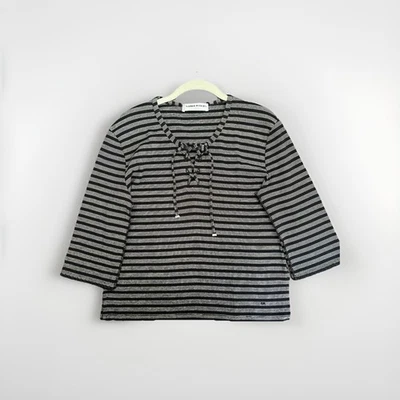 Sonia Rykiel Paris Black And White Stripe Lace Up Cotton Boat Stripe Shirt - Image 1 of 4