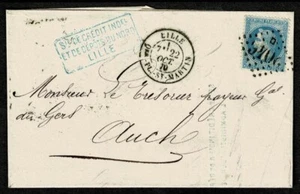 SG55 FRANCE 1870 Folded letter Lille to Auch via Paris 20c Napoleon attached - Picture 1 of 2