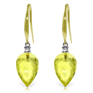 18.1 Carat 14K Solid Gold Fish Hook Earrings Diamond Lemon Quartz - Picture 1 of 3