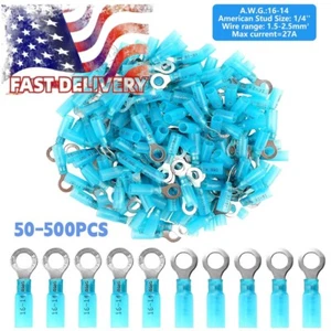 1/4" Eyelet Heat Shrink Ring Terminals Wire Crimp Connectors Blue 16-14 Gauge - Picture 1 of 10