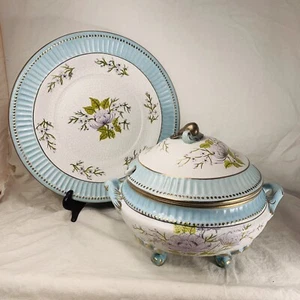 Vintage Portugal Keramik Suppe Tureeen mit Unterplatte handbemalte Goldverkleidung - Bild 1 von 13