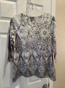 JM Collection Women Gorgeous GrayYellow Blouse Top Sz PM 3/4 Sleeve! - Picture 1 of 3