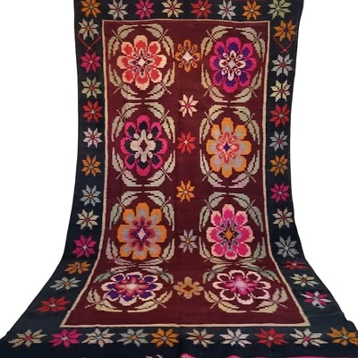 Vintage Handmade Moroccan Wool Rug Berber Fringe Maroon Base Floral Carpet 11x7 - Image 1 of 4