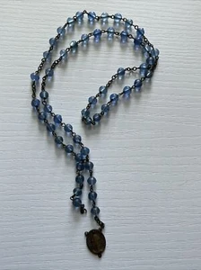Vintage Blue Beaded Catholic Mary Miraculous Medal Necklace FLAW - Picture 1 of 6