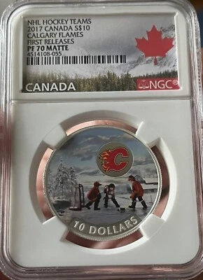2017 CANADA S$10 NHL HOCKEY TEAMS CALGARY FLAMES F/R PF70 MATTE - Image 1 of 2