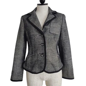 Trina Turk Wolle Seide Tweed Jacke Blazer grau schwarz drei Knöpfe passend Größe 8 - Bild 1 von 12