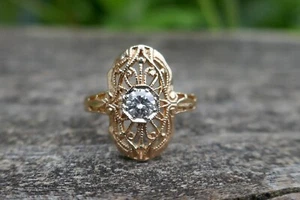 Vintage 14k Yellow Gold Filigree & Natural Diamond Ring - Size 6.75 / .25TCW - Picture 1 of 14