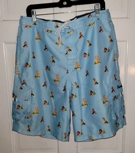 DANIEL CREMIEUX blue Poly Hawaiian Luau Dancer Pinup Girls Swimsuit Trunks L - Picture 1 of 5