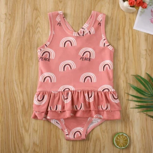 NWT Girls Rainbow Peace Ruffle Swimsuit Bathing Suit 2T 3T 4T 5T 6 - Picture 1 of 2