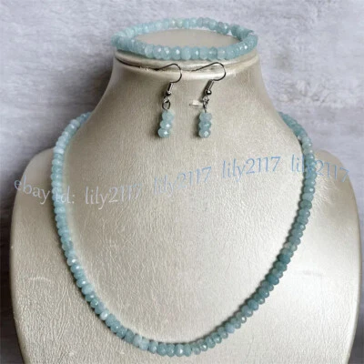 Faceted Aquamarine Natural Gems Rondelle Beads Necklace Bracelet Earrings Set - Image 1 of 4