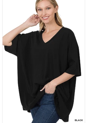 Zenana X S Cotton Oversized Drop Shoulder Boxy Boyfriend V Neck Tee Top Black - Image 1 of 2