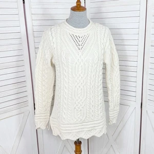 Aran Pullover Damen groß creme Jakobsmuschel Spitzenstich Merinowolle irischer Fischer - Bild 1 von 11