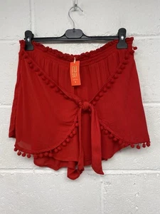 River Island Resort Cherry Red Pom Pom Shorts With Tie Skirt Size L PK - Picture 1 of 5