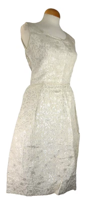 Vestido Brocado Metálico Cóctel Floral Jacquard Años 60 Fiesta Vintage Plateado Blanco Foto 1 de 4