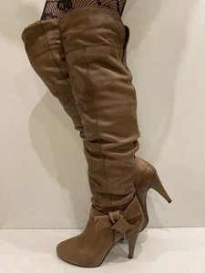 Sexy River Island Light Brown Leather Over Knee Stiletto Heel Boots UK6 EU39 VGC - Picture 1 of 13
