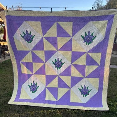 Fabulous Vintage Hand Quilted and Appliqued Purple and Yellow Quilt Iris Flowers - Image 1 of 4