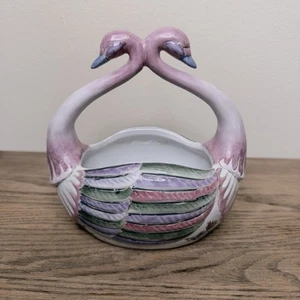 Vintage 90’s Double Swan Planter Dish Pink Gold Blue - Picture 1 of 6