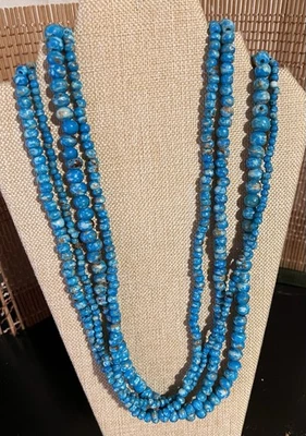 Vintage Boho 4 Strand Necklace 30” Faux Turquoise Dyed Bone Beaded Statement - Image 1 of 4