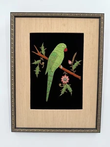 Vintage Zardozi Embroidered Parrot On Branch Floral Gold Black Velvet 13"x17" - Picture 1 of 10