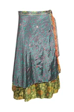 Boho Gypsy Hippy Wrap Skirt Recycled Sari 2 Layer Reversible Resort Dress OneSiz