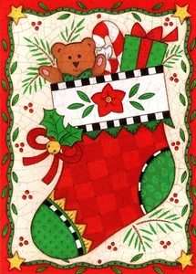 Merry Christmas Wishes Brown Teddy Bear Stocking Sondra Greeting Card - Set of 4 - Picture 1 of 3