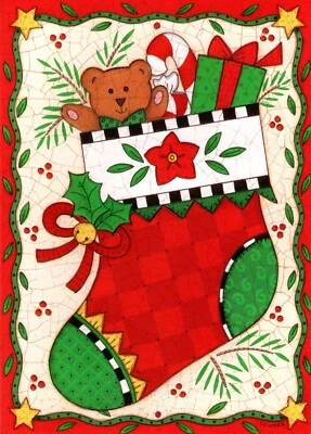 Merry Christmas Wishes Brown Teddy Bear Stocking Sondra Greeting Card - Set of 4 - Image 1 of 3