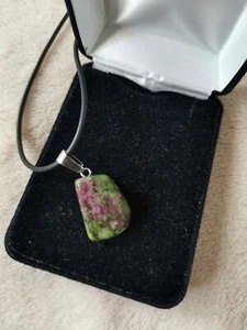 Pendant Natural 16 mm Ruby Zoisite  Gemstone Black cord 18" #2 - Picture 1 of 3