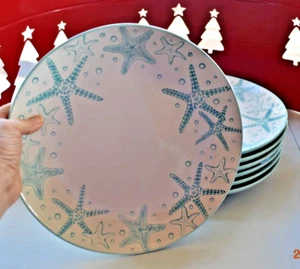 4 ~ Venice (Aqua) by Pfaltzgraff 10 1/2" Dinner Plate Coastal Design Seashells - Picture 1 of 7