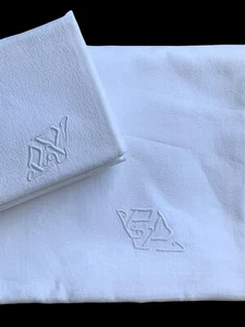 Lot Nappe Et 12 Serviettes Blanc Linge Ancien Vintage France Monogramme P - Picture 1 of 9