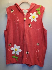 Quacker Factory 1X Knit Pink Zip Up Flower Bee Embroidery Cardigan Hooded 2620 - Picture 1 of 13
