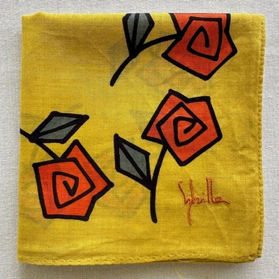 Vintage Handkerchief Yellow Plain Cotton Border Geometric Rose Floral Hanky 18" - Image 1 of 3