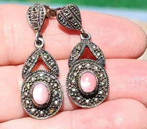 Silver Marcasite Pink Stone Earrings. Post. - Picture 1 of 3